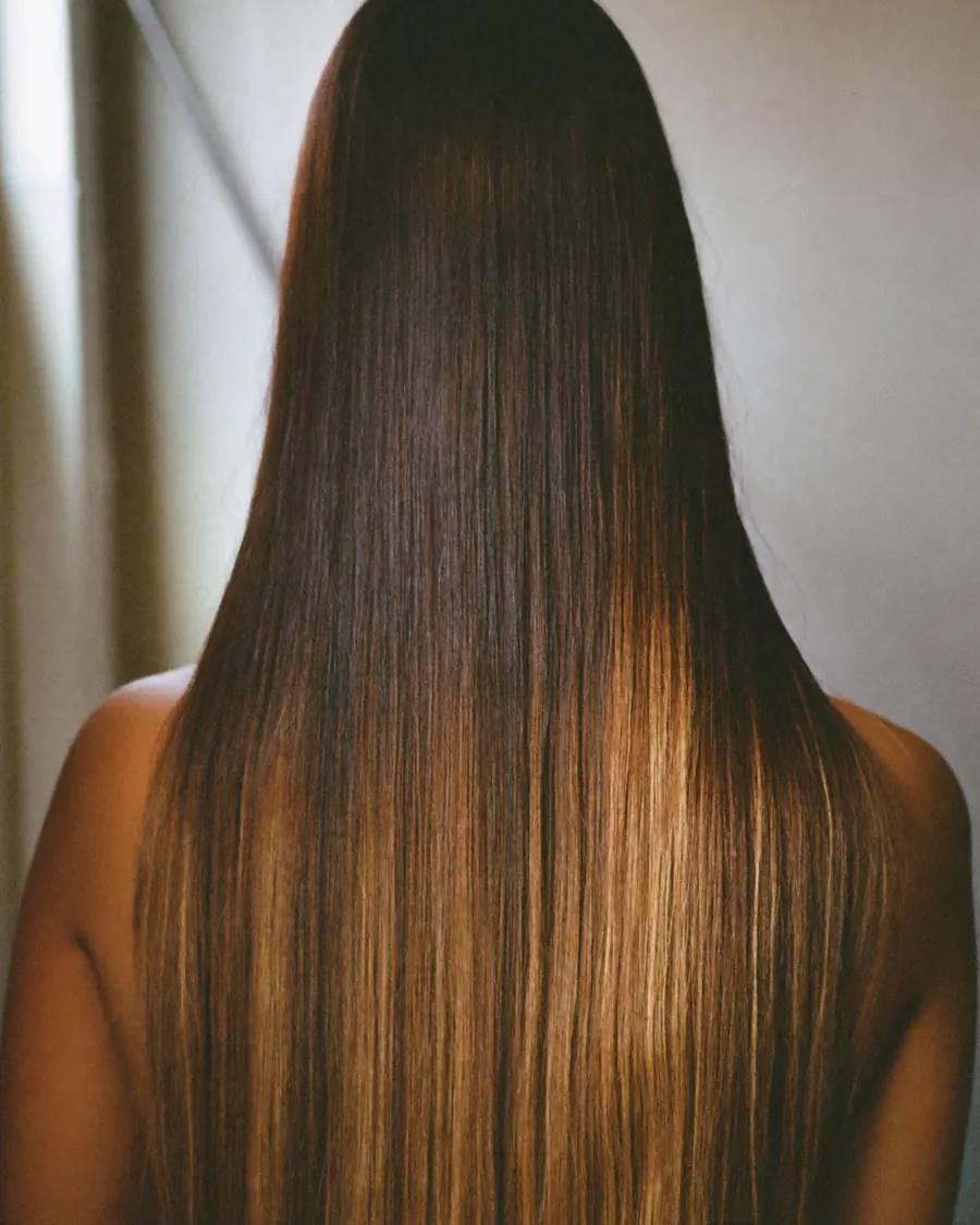 Long dark hair with soft caramel balayage at the ends.